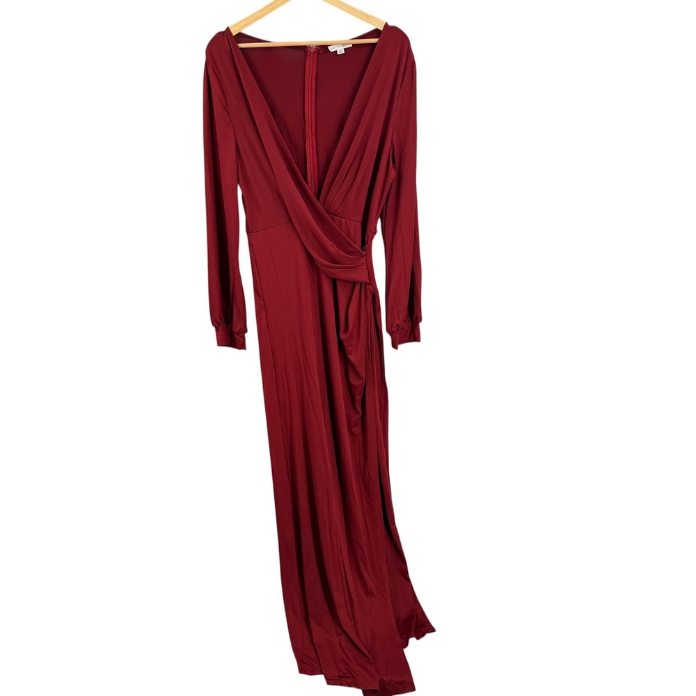 Baltic Born Maxi Dress XL Red Long Sleeve Faux Wrap V-Neck Side Slit DD3137